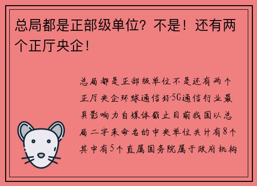 总局都是正部级单位？不是！还有两个正厅央企！