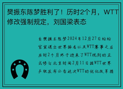 樊振东陈梦胜利了！历时2个月，WTT修改强制规定，刘国梁表态