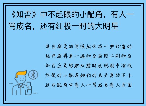 《知否》中不起眼的小配角，有人一骂成名，还有红极一时的大明星