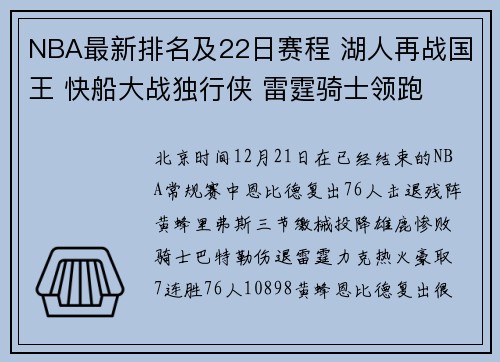 NBA最新排名及22日赛程 湖人再战国王 快船大战独行侠 雷霆骑士领跑