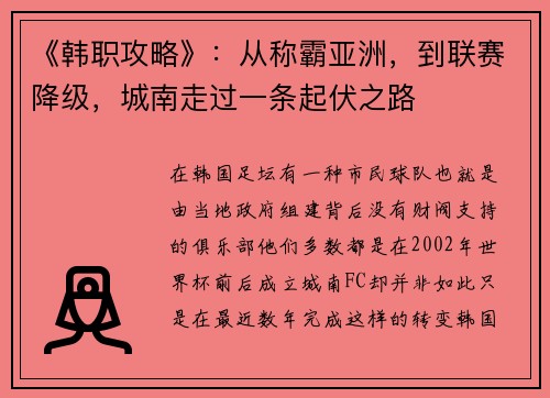 《韩职攻略》：从称霸亚洲，到联赛降级，城南走过一条起伏之路