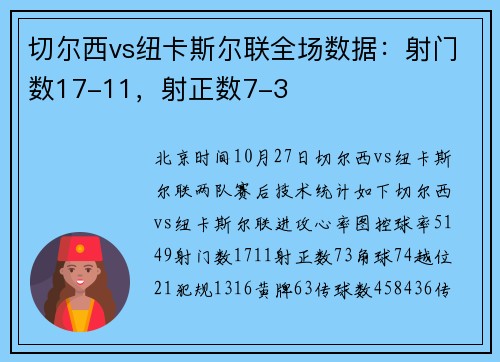 切尔西vs纽卡斯尔联全场数据：射门数17-11，射正数7-3