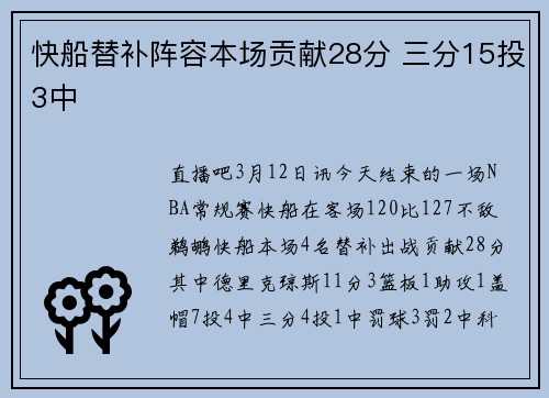 快船替补阵容本场贡献28分 三分15投3中